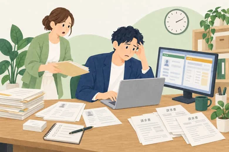 複数のSaaS画面と重複した顧客資料、請求書を前に悩み、同僚から紙の資料を受け取る担当者